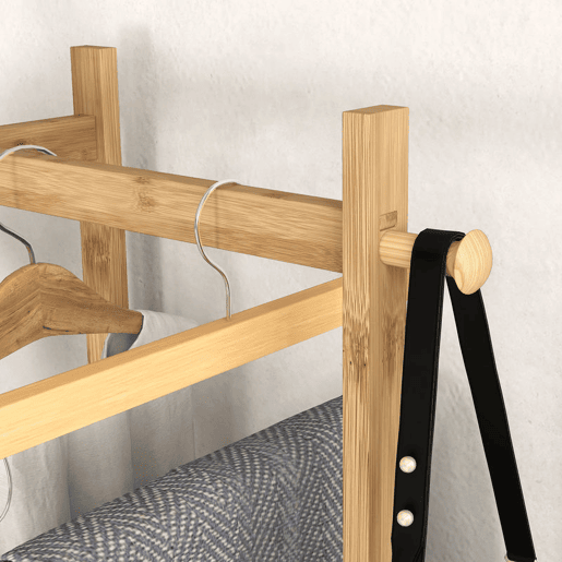 HOMCOM Cabide de Pé de Bambu com 2 Prateleiras 2 Ganchos 5 Barras Cabide de Entrada com Estrutura de Aço para Pendurar Roupa no Corredor Sala de Estar Quarto 46x28,5x153,5 cm Madeira e Preto