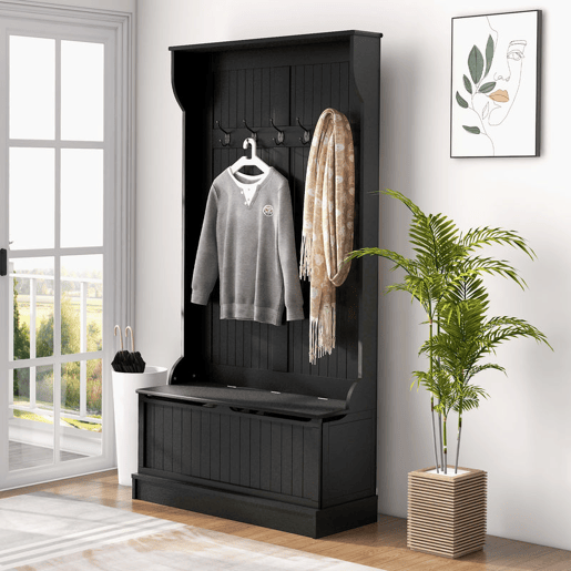 HOMCOM Móvel Cabide de Entrada com Banco Armário de Entrada com Cabide 5 Ganchos e Espaço de Armazenamento 96x34x179,7 cm Preto