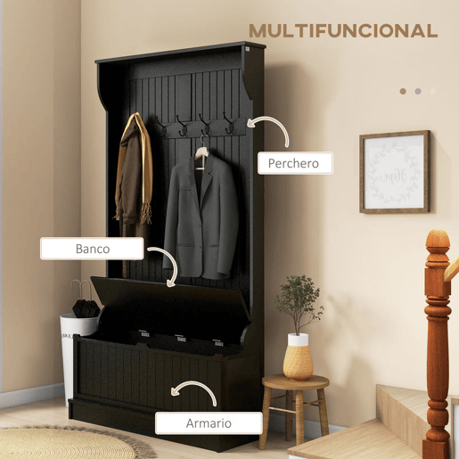 HOMCOM Móvel Cabide de Entrada com Banco Armário de Entrada com Cabide 5 Ganchos e Espaço de Armazenamento 96x34x179,7 cm Preto