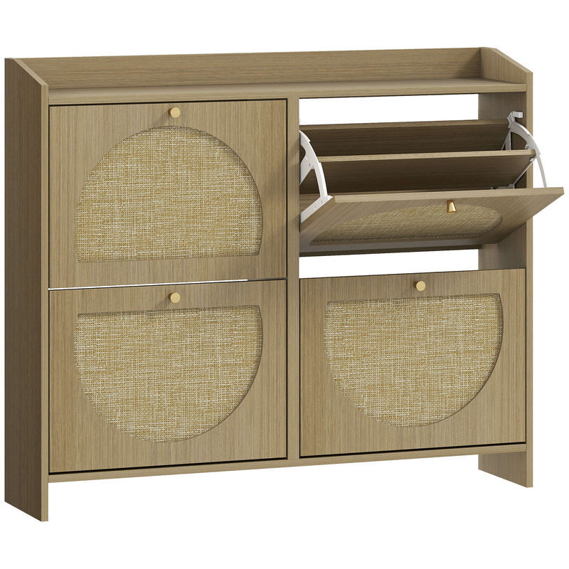 Homcom zapatero estrecho con 4 puertas de ratán, zapatero entrada recibidor con estantes ajustables, para 16 pares de zapatos, para espacios reducidos, 104,5x24x88 cm, natural