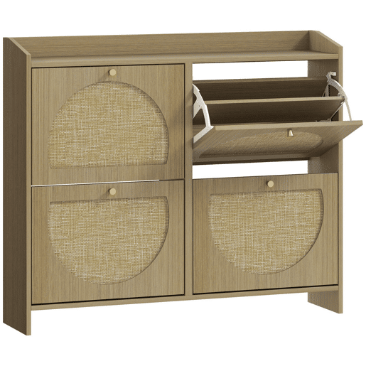 HOMCOM Sapateira Estreita com 4 Portas de Vime Sapateira para Entrada com Prateleiras Ajustáveis para 16 Pares de Sapatos para Espaços Reduzidos 104,5x24x88 cm Madeira