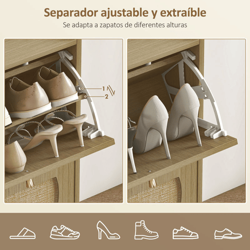 HOMCOM Sapateira Estreita com 4 Portas de Vime Sapateira para Entrada com Prateleiras Ajustáveis para 16 Pares de Sapatos para Espaços Reduzidos 104,5x24x88 cm Madeira