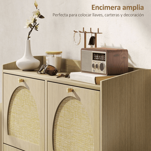 HOMCOM Sapateira Estreita com 4 Portas de Vime Sapateira para Entrada com Prateleiras Ajustáveis para 16 Pares de Sapatos para Espaços Reduzidos 104,5x24x88 cm Madeira