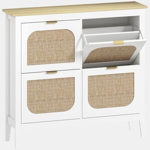 HOMCOM Sapateira Estreita com 4 Portas em Vime Sapateira para Entrada com Prateleiras Ajustáveis para 20 Pares de Sapatos 105x24x95,5 cm Branco