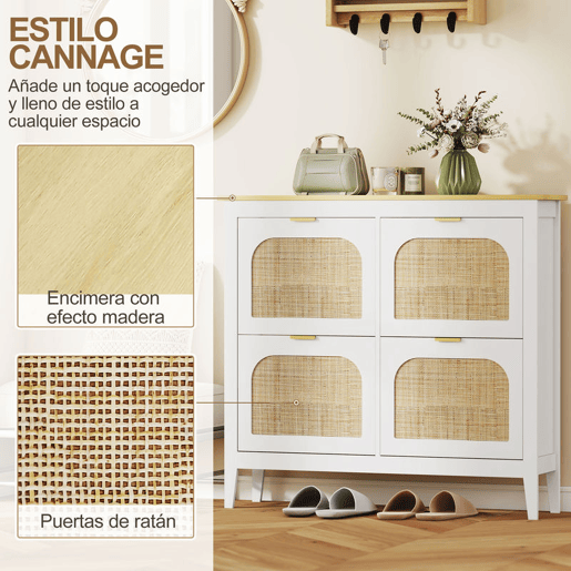 HOMCOM Sapateira Estreita com 4 Portas em Vime Sapateira para Entrada com Prateleiras Ajustáveis para 20 Pares de Sapatos 105x24x95,5 cm Branco