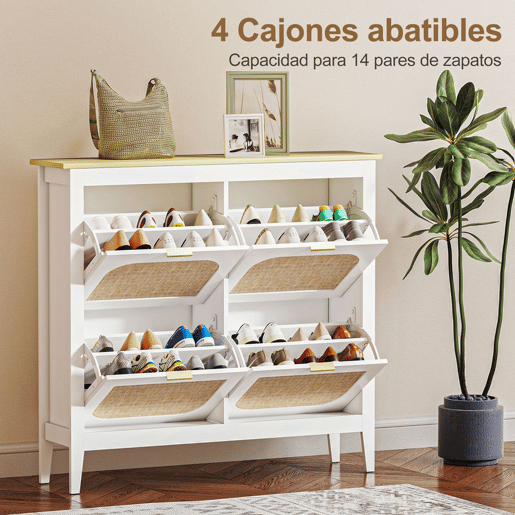 HOMCOM Sapateira Estreita com 4 Portas em Vime Sapateira para Entrada com Prateleiras Ajustáveis para 20 Pares de Sapatos 105x24x95,5 cm Branco