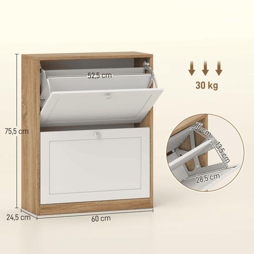 HOMCOM Sapateira Estreita com 2 Portas Sapateira de Entrada com Prateleiras Ajustáveis para 12 Pares de Sapatos para Corredor Espaços Reduzidos 60x24,5x75,5 cm Mdeira e Branco