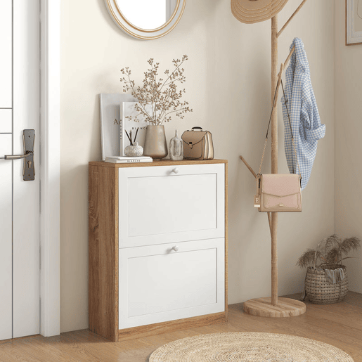 HOMCOM Sapateira Estreita com 2 Portas Sapateira de Entrada com Prateleiras Ajustáveis para 12 Pares de Sapatos para Corredor Espaços Reduzidos 60x24,5x75,5 cm Mdeira e Branco
