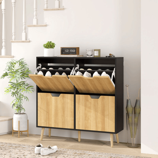 HOMCOM Sapateira com 4 Gavetas e Prateleiras Ajustáveis Móvel para Sapatos de Corredor para 16 Pares de Sapatos 95x26x95 cm Madeira e Preto