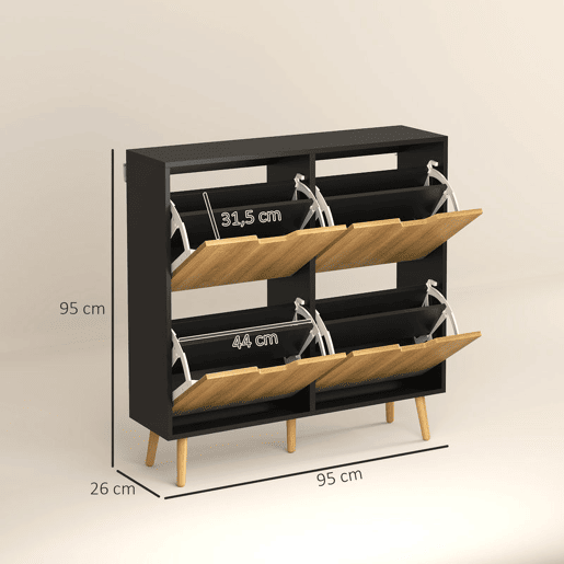 HOMCOM Sapateira com 4 Gavetas e Prateleiras Ajustáveis Móvel para Sapatos de Corredor para 16 Pares de Sapatos 95x26x95 cm Madeira e Preto