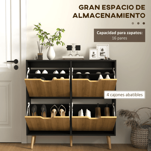 HOMCOM Sapateira com 4 Gavetas e Prateleiras Ajustáveis Móvel para Sapatos de Corredor para 16 Pares de Sapatos 95x26x95 cm Madeira e Preto
