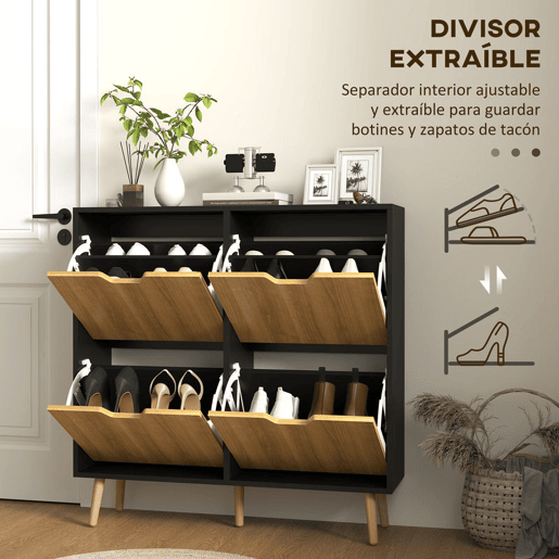 HOMCOM Sapateira com 4 Gavetas e Prateleiras Ajustáveis Móvel para Sapatos de Corredor para 16 Pares de Sapatos 95x26x95 cm Madeira e Preto