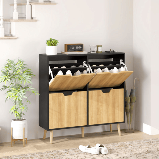 HOMCOM Sapateira com 4 Gavetas e Prateleiras Ajustáveis Móvel para Sapatos de Corredor para 16 Pares de Sapatos 95x26x95 cm Madeira e Preto