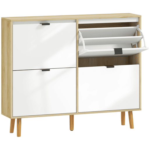 HOMCOM Sapateira Estreita com 4 Portas em Branco Brilho Sapateira de Entrada com Prateleiras Ajustáveis e Pernas de Madeira para 20 Pares de Sapatos 105x24x92,5 cm Branco