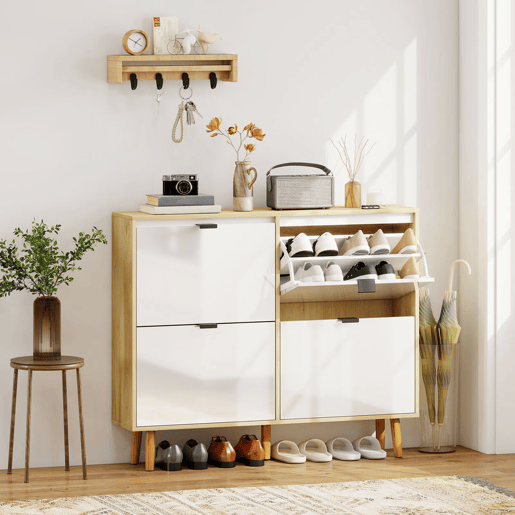 HOMCOM Sapateira Estreita com 4 Portas em Branco Brilho Sapateira de Entrada com Prateleiras Ajustáveis e Pernas de Madeira para 20 Pares de Sapatos 105x24x92,5 cm Branco
