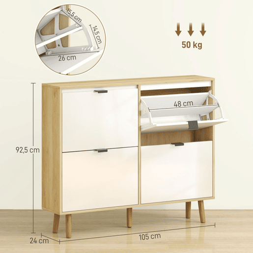 HOMCOM Sapateira Estreita com 4 Portas em Branco Brilho Sapateira de Entrada com Prateleiras Ajustáveis e Pernas de Madeira para 20 Pares de Sapatos 105x24x92,5 cm Branco