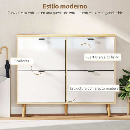 HOMCOM Sapateira Estreita com 4 Portas em Branco Brilho Sapateira de Entrada com Prateleiras Ajustáveis e Pernas de Madeira para 20 Pares de Sapatos 105x24x92,5 cm Branco
