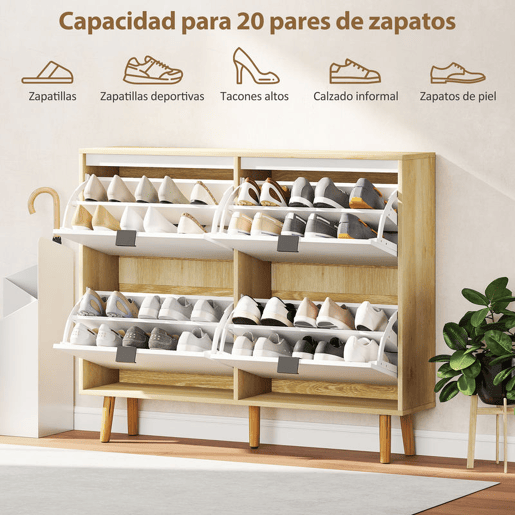 HOMCOM Sapateira Estreita com 4 Portas em Branco Brilho Sapateira de Entrada com Prateleiras Ajustáveis e Pernas de Madeira para 20 Pares de Sapatos 105x24x92,5 cm Branco