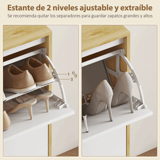 HOMCOM Sapateira Estreita com 4 Portas em Branco Brilho Sapateira de Entrada com Prateleiras Ajustáveis e Pernas de Madeira para 20 Pares de Sapatos 105x24x92,5 cm Branco