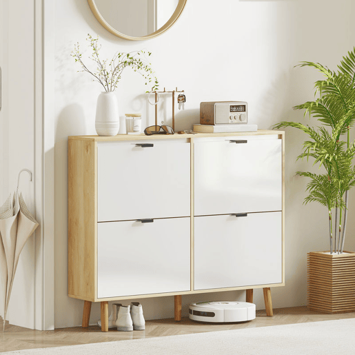HOMCOM Sapateira Estreita com 4 Portas em Branco Brilho Sapateira de Entrada com Prateleiras Ajustáveis e Pernas de Madeira para 20 Pares de Sapatos 105x24x92,5 cm Branco