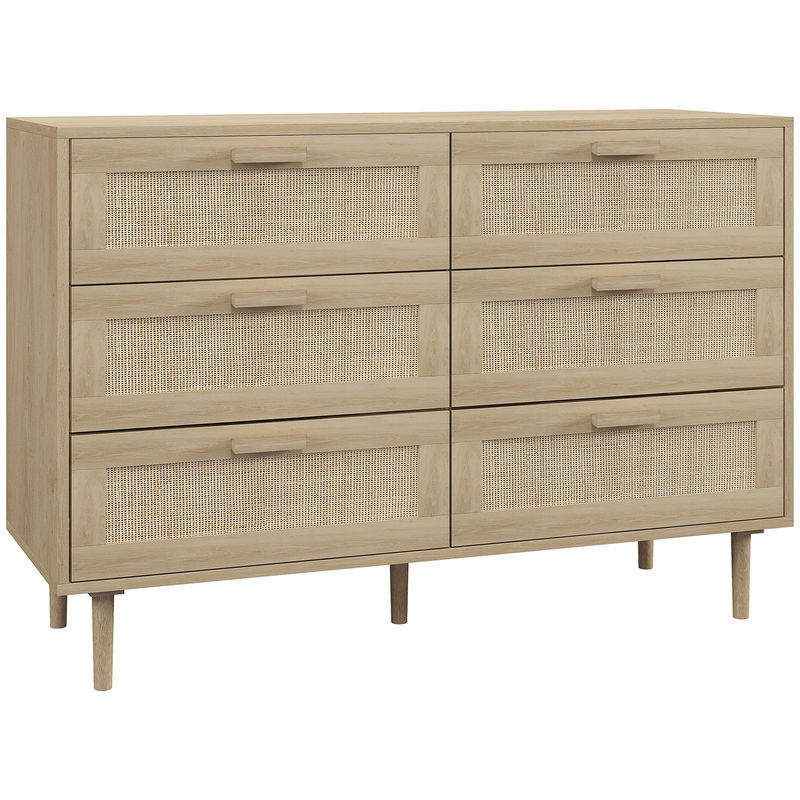 Homcom cómoda 6 cajones con frontal de ratán, cómoda dormitorio con patas de madera, cajonera para salón, oficina, estilo bohemio, 110x40x75 cm, roble