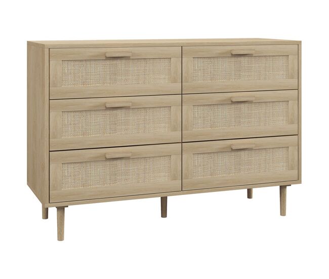 Homcom cómoda 6 cajones con frontal de ratán, cómoda dormitorio con patas de madera, cajonera para salón, oficina, estilo bohemio, 110x40x75 cm, roble