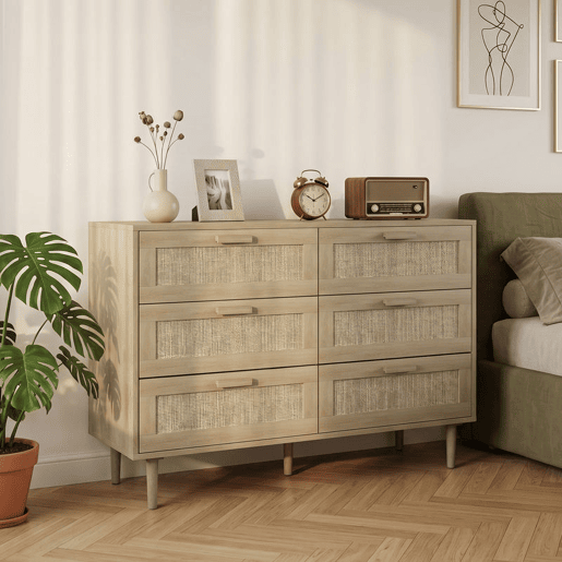 HOMCOM Cómoda com 6 Gavetas e Frontal de Vime Pés de Madeira Estilo Bohemio 110x40x75 cm Madeira