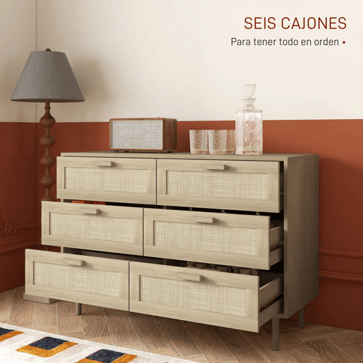HOMCOM Cómoda com 6 Gavetas e Frontal de Vime Pés de Madeira Estilo Bohemio 110x40x75 cm Madeira