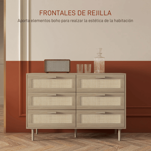 HOMCOM Cómoda com 6 Gavetas e Frontal de Vime Pés de Madeira Estilo Bohemio 110x40x75 cm Madeira
