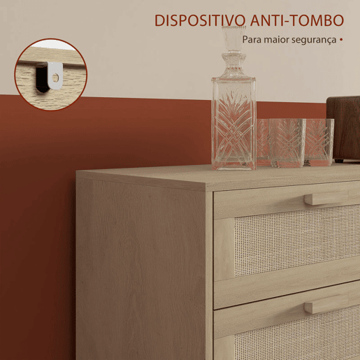 HOMCOM Cómoda com 6 Gavetas e Frontal de Vime Pés de Madeira Estilo Bohemio 110x40x75 cm Madeira