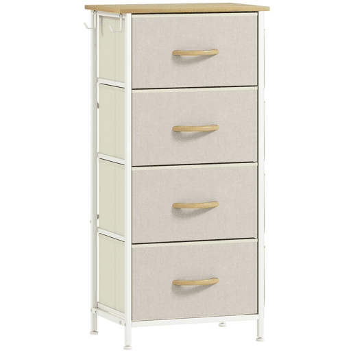 HOMCOM Cómoda Alta de Tecido com 4 Gavetas 4 Bolsos Laterais 2 Ganchos e Estrutura de Aço Cómoda para Quarto Sala de Estar Corredor 45x30x94,5 cm Bege