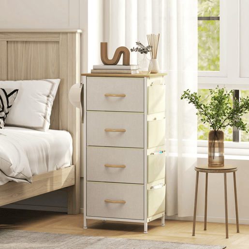 HOMCOM Cómoda Alta de Tecido com 4 Gavetas 4 Bolsos Laterais 2 Ganchos e Estrutura de Aço Cómoda para Quarto Sala de Estar Corredor 45x30x94,5 cm Bege