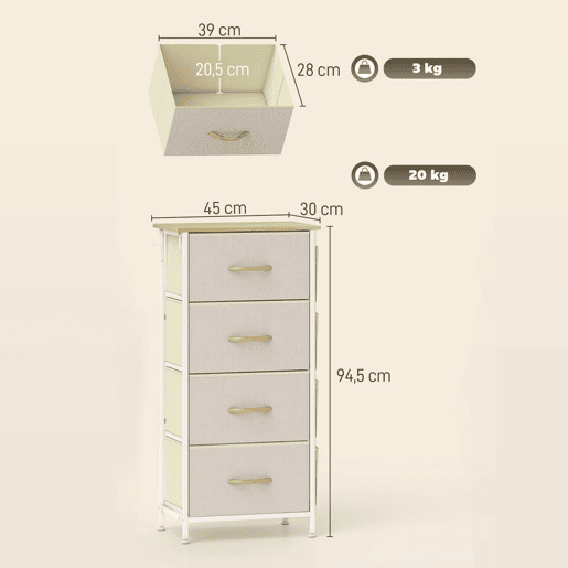 HOMCOM Cómoda Alta de Tecido com 4 Gavetas 4 Bolsos Laterais 2 Ganchos e Estrutura de Aço Cómoda para Quarto Sala de Estar Corredor 45x30x94,5 cm Bege