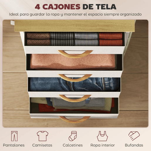 HOMCOM Cómoda Alta de Tecido com 4 Gavetas 4 Bolsos Laterais 2 Ganchos e Estrutura de Aço Cómoda para Quarto Sala de Estar Corredor 45x30x94,5 cm Bege
