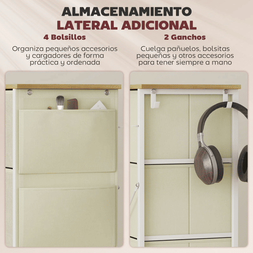HOMCOM Cómoda Alta de Tecido com 4 Gavetas 4 Bolsos Laterais 2 Ganchos e Estrutura de Aço Cómoda para Quarto Sala de Estar Corredor 45x30x94,5 cm Bege