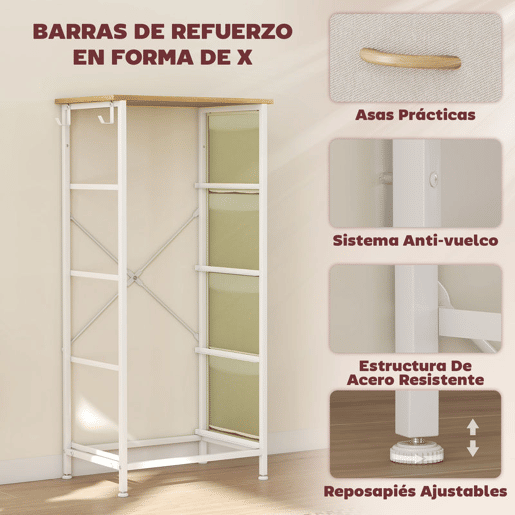 HOMCOM Cómoda Alta de Tecido com 4 Gavetas 4 Bolsos Laterais 2 Ganchos e Estrutura de Aço Cómoda para Quarto Sala de Estar Corredor 45x30x94,5 cm Bege