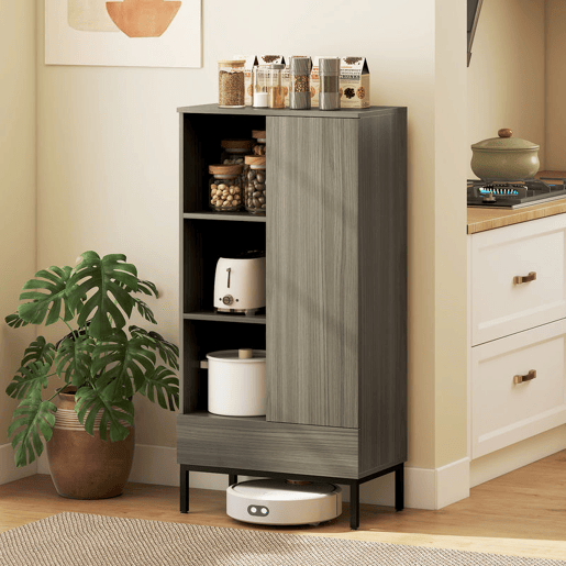 HOMCOM Aparador 1 Porta Aparador para Sala Moderno com Gaveta Prateleira Ajustável e 3 Compartimentos Abertos para Sala de Jantar Entrada Quarto 60x34x121 cm Madeira