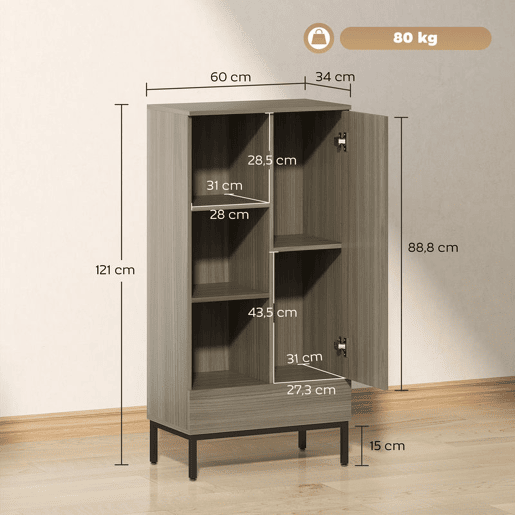 HOMCOM Aparador 1 Porta Aparador para Sala Moderno com Gaveta Prateleira Ajustável e 3 Compartimentos Abertos para Sala de Jantar Entrada Quarto 60x34x121 cm Madeira