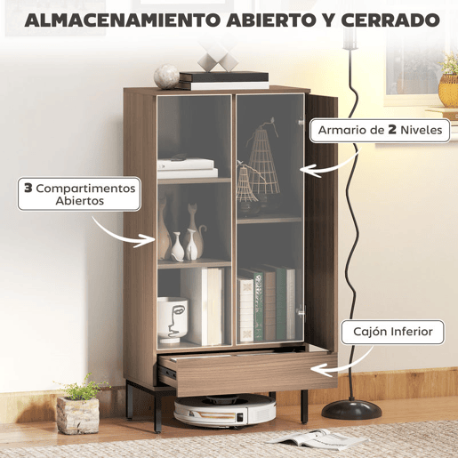 HOMCOM Aparador 1 Porta Aparador para Sala Moderno com Gaveta Prateleira Ajustável e 3 Compartimentos Abertos para Sala de Jantar Entrada Quarto 60x34x121 cm Madeira