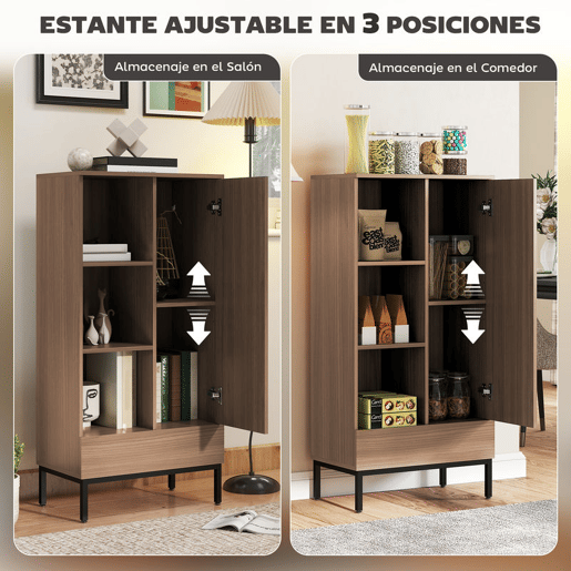 HOMCOM Aparador 1 Porta Aparador para Sala Moderno com Gaveta Prateleira Ajustável e 3 Compartimentos Abertos para Sala de Jantar Entrada Quarto 60x34x121 cm Madeira