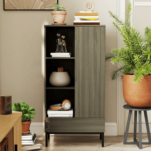 HOMCOM Aparador 1 Porta Aparador para Sala Moderno com Gaveta Prateleira Ajustável e 3 Compartimentos Abertos para Sala de Jantar Entrada Quarto 60x34x121 cm Madeira