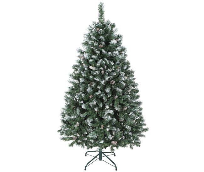 Homcom árbol de navidad artificial 150 cm, árbol de navidad con 581 ramas densas con nieve, 44 piñas y soporte metálico plegable, fácil montaje, para salón, interior, verde