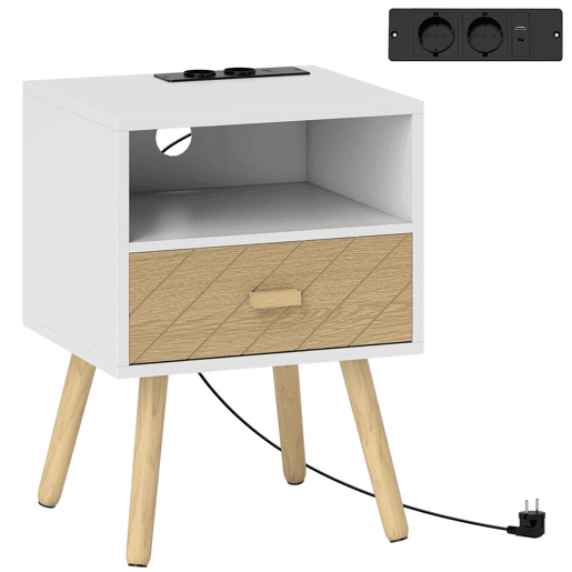 HOMCOM Mesa de Cabeceira com Estação de Carregamento Gaveta 2 Tomadas AC Porta USB e Tipo-C Compartimento Aberto Pernas de Madeira para Sala Quarto 40x35x54,7 cm Branco