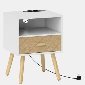 HOMCOM Mesa de Cabeceira com Estação de Carregamento Gaveta 2 Tomadas AC Porta USB e Tipo-C Compartimento Aberto Pernas de Madeira para Sala Quarto 40x35x54,7 cm Branco