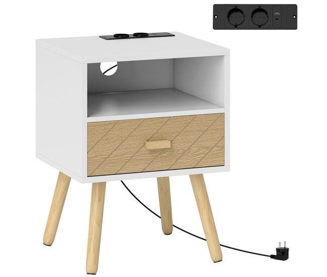 Homcom mesita de noche con estación de carga, mesilla de noche con cajón, 2 tomas ac, puerto usb y tipo-c, compartimento abierto, patas de madera, para salón, dormitorio, blanco