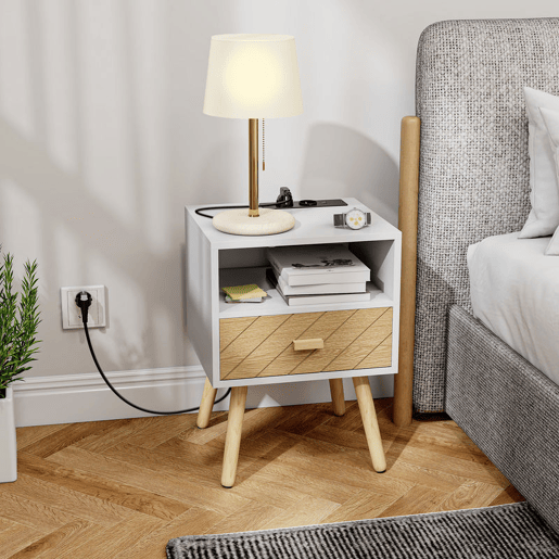 HOMCOM Mesa de Cabeceira com Estação de Carregamento Gaveta 2 Tomadas AC Porta USB e Tipo-C Compartimento Aberto Pernas de Madeira para Sala Quarto 40x35x54,7 cm Branco