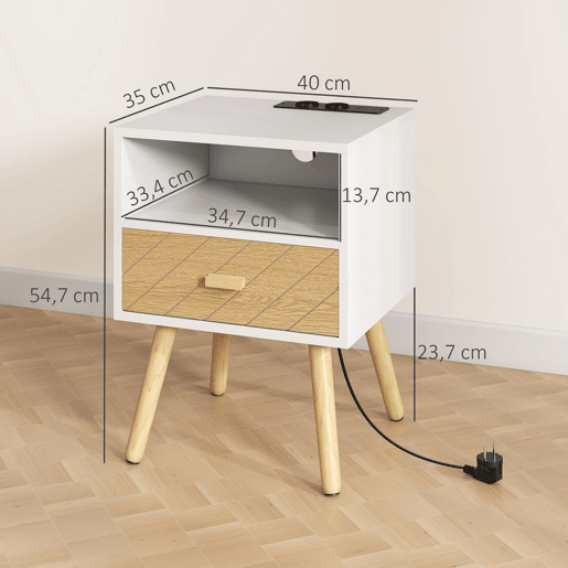 HOMCOM Mesa de Cabeceira com Estação de Carregamento Gaveta 2 Tomadas AC Porta USB e Tipo-C Compartimento Aberto Pernas de Madeira para Sala Quarto 40x35x54,7 cm Branco