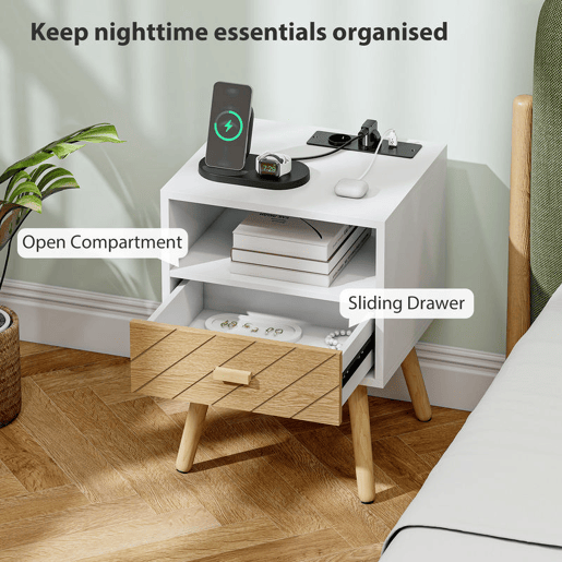 HOMCOM Mesa de Cabeceira com Estação de Carregamento Gaveta 2 Tomadas AC Porta USB e Tipo-C Compartimento Aberto Pernas de Madeira para Sala Quarto 40x35x54,7 cm Branco