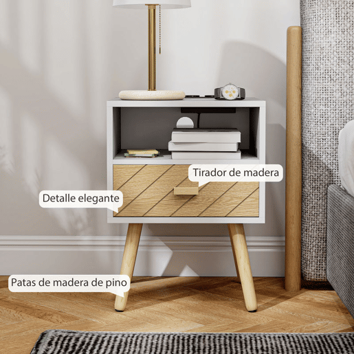 HOMCOM Mesa de Cabeceira com Estação de Carregamento Gaveta 2 Tomadas AC Porta USB e Tipo-C Compartimento Aberto Pernas de Madeira para Sala Quarto 40x35x54,7 cm Branco