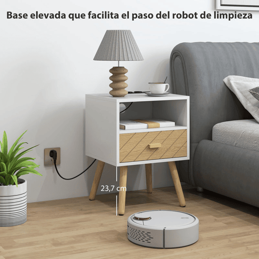 HOMCOM Mesa de Cabeceira com Estação de Carregamento Gaveta 2 Tomadas AC Porta USB e Tipo-C Compartimento Aberto Pernas de Madeira para Sala Quarto 40x35x54,7 cm Branco